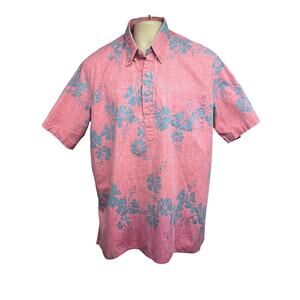 Reyn Spooner Pink Floral Vintage Reverse Print Hawaiian Pullover Shirt XL Pocket